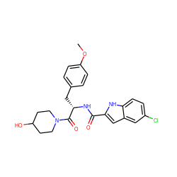 COc1ccc(C[C@H](NC(=O)c2cc3cc(Cl)ccc3[nH]2)C(=O)N2CCC(O)CC2)cc1 ZINC000029056716
