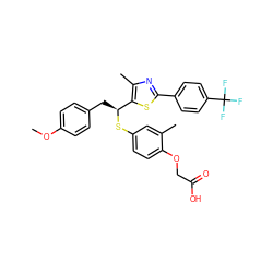 COc1ccc(C[C@H](Sc2ccc(OCC(=O)O)c(C)c2)c2sc(-c3ccc(C(F)(F)F)cc3)nc2C)cc1 ZINC000084709165