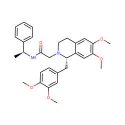 COc1ccc(C[C@H]2c3cc(OC)c(OC)cc3CCN2CC(=O)N[C@@H](C)c2ccccc2)cc1OC ZINC000045498763