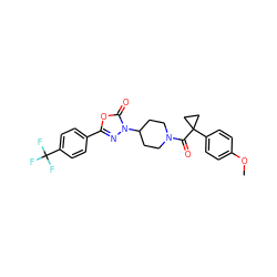 COc1ccc(C2(C(=O)N3CCC(n4nc(-c5ccc(C(F)(F)F)cc5)oc4=O)CC3)CC2)cc1 ZINC000653729581