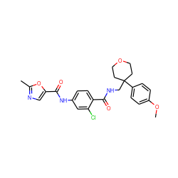 COc1ccc(C2(CNC(=O)c3ccc(NC(=O)c4cnc(C)o4)cc3Cl)CCOCC2)cc1 ZINC000147929531