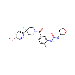 COc1ccc(C2(F)CCN(C(=O)c3ccc(C)c(NC(=O)N[C@@H]4CCOC4)c3)CC2)nc1 ZINC000098185855