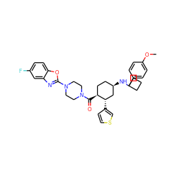 COc1ccc(C2(N[C@@H]3CC[C@H](C(=O)N4CCN(c5nc6cc(F)ccc6o5)CC4)[C@@H](c4ccsc4)C3)CCC2)cc1 ZINC000073240551