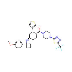 COc1ccc(C2(N[C@@H]3CC[C@H](C(=O)N4CCN(c5nnc(C(F)(F)F)s5)CC4)[C@@H](c4ccsc4)C3)CCC2)cc1 ZINC000082158445