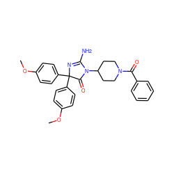 COc1ccc(C2(c3ccc(OC)cc3)N=C(N)N(C3CCN(C(=O)c4ccccc4)CC3)C2=O)cc1 ZINC000218673718