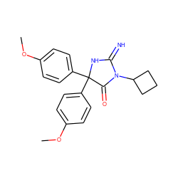 COc1ccc(C2(c3ccc(OC)cc3)NC(=N)N(C3CCC3)C2=O)cc1 ZINC000103243736