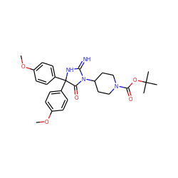 COc1ccc(C2(c3ccc(OC)cc3)NC(=N)N(C3CCN(C(=O)OC(C)(C)C)CC3)C2=O)cc1 ZINC000103243761