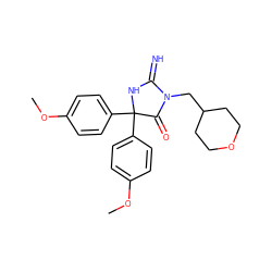 COc1ccc(C2(c3ccc(OC)cc3)NC(=N)N(CC3CCOCC3)C2=O)cc1 ZINC000103243766