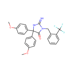 COc1ccc(C2(c3ccc(OC)cc3)NC(=N)N(Cc3ccccc3C(F)(F)F)C2=O)cc1 ZINC001772604672