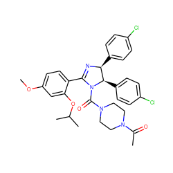COc1ccc(C2=N[C@@H](c3ccc(Cl)cc3)[C@@H](c3ccc(Cl)cc3)N2C(=O)N2CCN(C(C)=O)CC2)c(OC(C)C)c1 ZINC000028467946