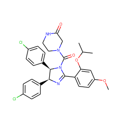 COc1ccc(C2=N[C@@H](c3ccc(Cl)cc3)[C@@H](c3ccc(Cl)cc3)N2C(=O)N2CCNC(=O)C2)c(OC(C)C)c1 ZINC000016051336