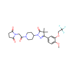 COc1ccc(C2=NN(C3CCN(C(=O)CN4C(=O)CCC4=O)CC3)C(=O)C2(C)C)cc1OCC(F)(F)F ZINC000113270824