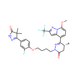 COc1ccc(C2=NN(CCCCOc3ccc(C4=NNC(=O)C4(C)C)cc3F)C(=O)C[C@H]2C)c2cc(C(F)(F)F)nn12 ZINC000095590507