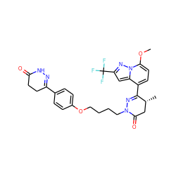 COc1ccc(C2=NN(CCCCOc3ccc(C4=NNC(=O)CC4)cc3)C(=O)C[C@H]2C)c2cc(C(F)(F)F)nn12 ZINC000095587288