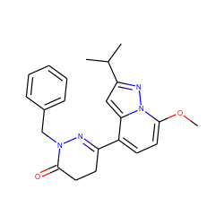 COc1ccc(C2=NN(Cc3ccccc3)C(=O)CC2)c2cc(C(C)C)nn12 ZINC000071334739