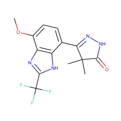 COc1ccc(C2=NNC(=O)C2(C)C)c2[nH]c(C(F)(F)F)nc12 ZINC000084688552