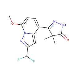 COc1ccc(C2=NNC(=O)C2(C)C)c2cc(C(F)F)nn12 ZINC000084672425