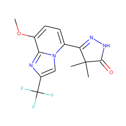 COc1ccc(C2=NNC(=O)C2(C)C)n2cc(C(F)(F)F)nc12 ZINC000084688553