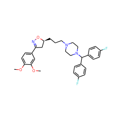 COc1ccc(C2=NO[C@@H](CCCN3CCN(C(c4ccc(F)cc4)c4ccc(F)cc4)CC3)C2)cc1OC ZINC000028712812