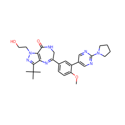 COc1ccc(C2=Nc3c(C(C)(C)C)nn(CCO)c3C(=O)NC2)cc1-c1cnc(N2CCCC2)nc1 ZINC000096922844