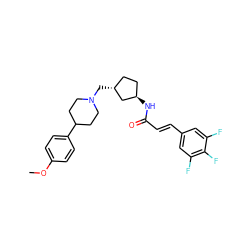 COc1ccc(C2CCN(C[C@@H]3CC[C@@H](NC(=O)/C=C/c4cc(F)c(F)c(F)c4)C3)CC2)cc1 ZINC000028957875