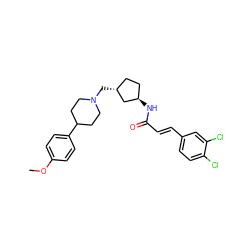 COc1ccc(C2CCN(C[C@@H]3CC[C@@H](NC(=O)/C=C/c4ccc(Cl)c(Cl)c4)C3)CC2)cc1 ZINC000028957845