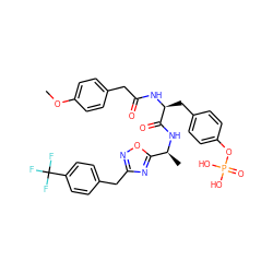 COc1ccc(CC(=O)N[C@@H](Cc2ccc(OP(=O)(O)O)cc2)C(=O)N[C@@H](C)c2nc(Cc3ccc(C(F)(F)F)cc3)no2)cc1 ZINC000027327472