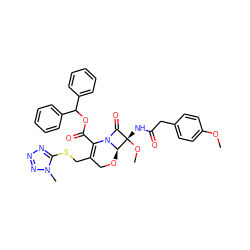 COc1ccc(CC(=O)N[C@]2(OC)C(=O)N3C(C(=O)OC(c4ccccc4)c4ccccc4)=C(CSc4nnnn4C)CO[C@@H]32)cc1 ZINC000026404688