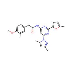 COc1ccc(CC(=O)Nc2cc(-n3nc(C)cc3C)nc(-c3ccc(C)o3)n2)cc1C ZINC000029127769