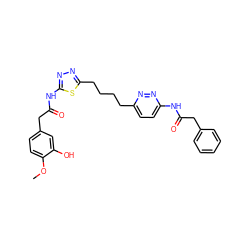 COc1ccc(CC(=O)Nc2nnc(CCCCc3ccc(NC(=O)Cc4ccccc4)nn3)s2)cc1O ZINC000169698518