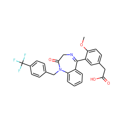 COc1ccc(CC(=O)O)cc1C1=NCC(=O)N(Cc2ccc(C(F)(F)F)cc2)c2ccccc21 ZINC000084615178