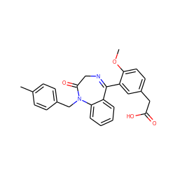 COc1ccc(CC(=O)O)cc1C1=NCC(=O)N(Cc2ccc(C)cc2)c2ccccc21 ZINC000084615176