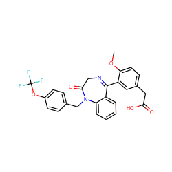 COc1ccc(CC(=O)O)cc1C1=NCC(=O)N(Cc2ccc(OC(F)(F)F)cc2)c2ccccc21 ZINC000084617064