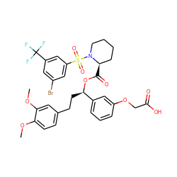 COc1ccc(CC[C@@H](OC(=O)[C@@H]2CCCCN2S(=O)(=O)c2cc(Br)cc(C(F)(F)F)c2)c2cccc(OCC(=O)O)c2)cc1OC ZINC000095551657