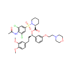 COc1ccc(CC[C@@H](OC(=O)[C@@H]2CCCCN2S(=O)(=O)c2cc(Cl)c(NC(C)=O)c(Cl)c2)c2cccc(OCCN3CCOCC3)c2)cc1OC ZINC000095551641