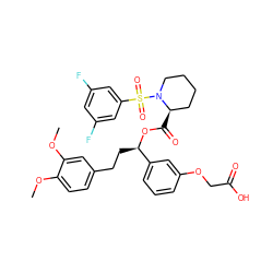 COc1ccc(CC[C@@H](OC(=O)[C@@H]2CCCCN2S(=O)(=O)c2cc(F)cc(F)c2)c2cccc(OCC(=O)O)c2)cc1OC ZINC000084690487