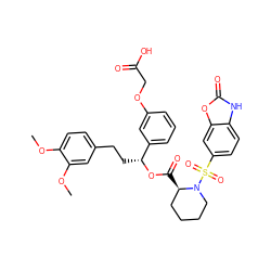 COc1ccc(CC[C@@H](OC(=O)[C@@H]2CCCCN2S(=O)(=O)c2ccc3[nH]c(=O)oc3c2)c2cccc(OCC(=O)O)c2)cc1OC ZINC000084688726