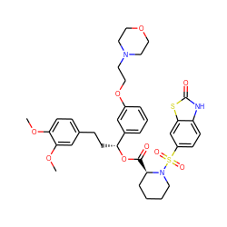 COc1ccc(CC[C@@H](OC(=O)[C@@H]2CCCCN2S(=O)(=O)c2ccc3[nH]c(=O)sc3c2)c2cccc(OCCN3CCOCC3)c2)cc1OC ZINC000084688460