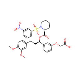 COc1ccc(CC[C@@H](OC(=O)[C@@H]2CCCCN2S(=O)(=O)c2cccc([N+](=O)[O-])c2)c2cccc(OCC(=O)O)c2)cc1OC ZINC000084712164