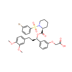 COc1ccc(CC[C@@H](OC(=O)[C@@H]2CCCCN2S(=O)(=O)c2cccc(Br)c2)c2cccc(OCC(=O)O)c2)cc1OC ZINC000084671718