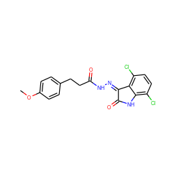 COc1ccc(CCC(=O)N/N=C2\C(=O)Nc3c(Cl)ccc(Cl)c32)cc1 ZINC000072180379