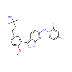 COc1ccc(CCC(C)(C)N)cc1-c1[nH]nc2nc(Nc3ccc(F)cc3F)ccc12 ZINC000028565121