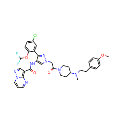 COc1ccc(CCN(C)C2CCN(C(=O)Cn3cc(NC(=O)c4cnn5cccnc45)c(-c4cc(Cl)ccc4OC(F)F)n3)CC2)cc1 ZINC001772580315