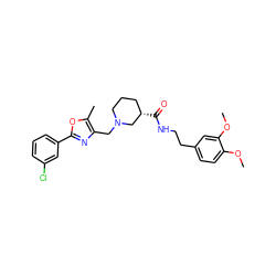 COc1ccc(CCNC(=O)[C@H]2CCCN(Cc3nc(-c4cccc(Cl)c4)oc3C)C2)cc1OC ZINC000004099404