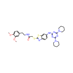 COc1ccc(CCNC(=O)CSc2nc3ccc(Nc4nc(N5CCCCC5)nc(N5CCCCC5)n4)cc3s2)cc1OC ZINC000008438283