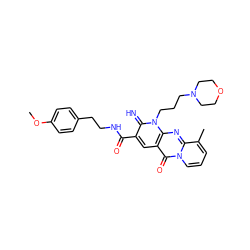 COc1ccc(CCNC(=O)c2cc3c(=O)n4cccc(C)c4nc3n(CCCN3CCOCC3)c2=N)cc1 ZINC000009209913