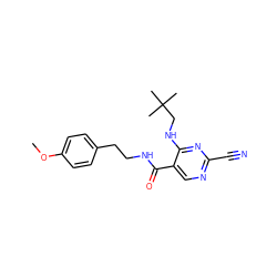 COc1ccc(CCNC(=O)c2cnc(C#N)nc2NCC(C)(C)C)cc1 ZINC000014972081
