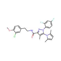 COc1ccc(CCNC(=O)c2nn(-c3ccc(F)cc3F)c(-n3c(C)ccc3C)c2C)cc1Cl ZINC000045288766