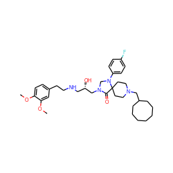 COc1ccc(CCNC[C@H](O)CN2CN(c3ccc(F)cc3)C3(CCN(CC4CCCCCCC4)CC3)C2=O)cc1OC ZINC000299854532