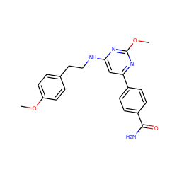 COc1ccc(CCNc2cc(-c3ccc(C(N)=O)cc3)nc(OC)n2)cc1 ZINC000066104645